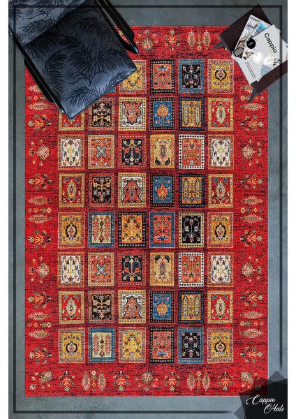 Esta Kırmızı Afgan Desenli Halı (Kaymaz Dod Taban Makinada Yıkanabilir) - ES650
