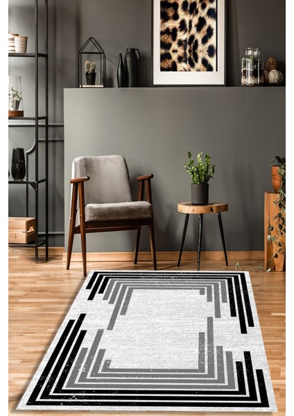 Esta Siyah-Gri Çizgisel Orantılı Halı (Makinada Yıkanabilir Kaymaz Dot Taban) - ES1248