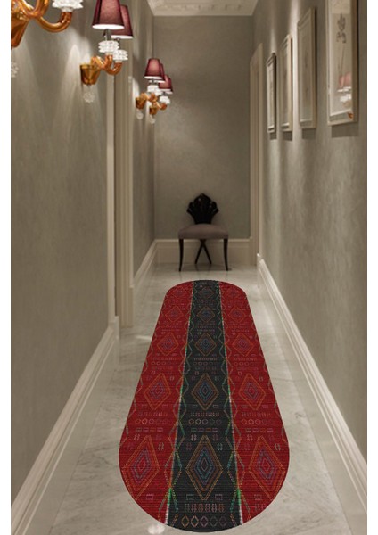 Esta Kilim Desenli Kırmızı-Siyah Oval Halı (Makinada Yıkanabilir Kaymaz Dod Taban) - ES638