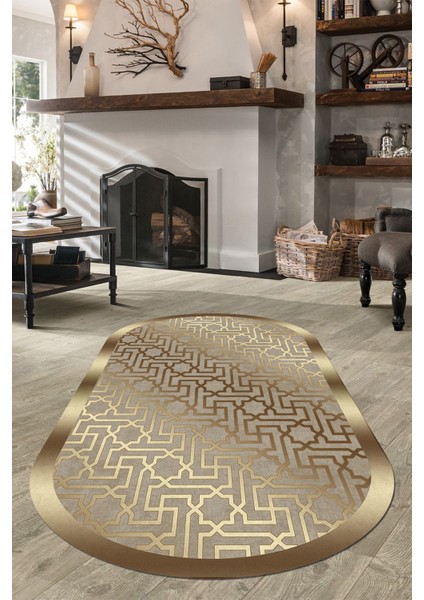 Woolly Gold Geçişli Modern Oval Halı (Makinada Yıkanabilir Kaymaz Dot Taban) - Es1149
