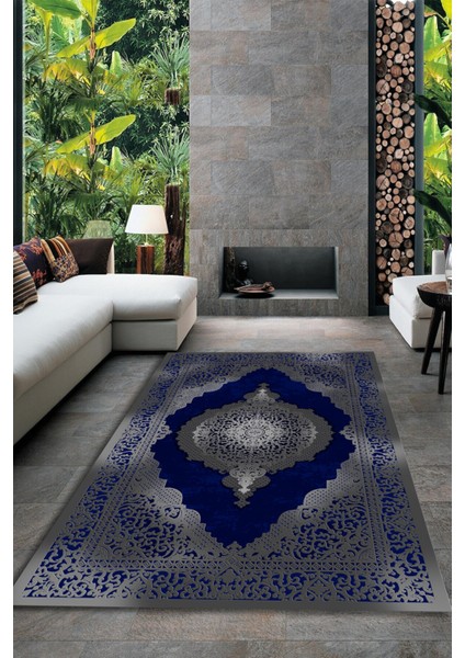 Woolly Gümüş Göbekli Lacivert Halı (Makinada Yıkanabilir Kaymaz Dot Taban) - Es1199