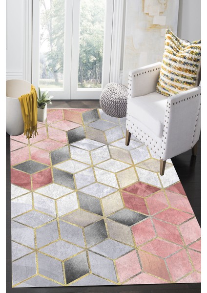 Woolly Gold Pembe Küp Desenli Makinada Yıkanabilen Halı - Es207
