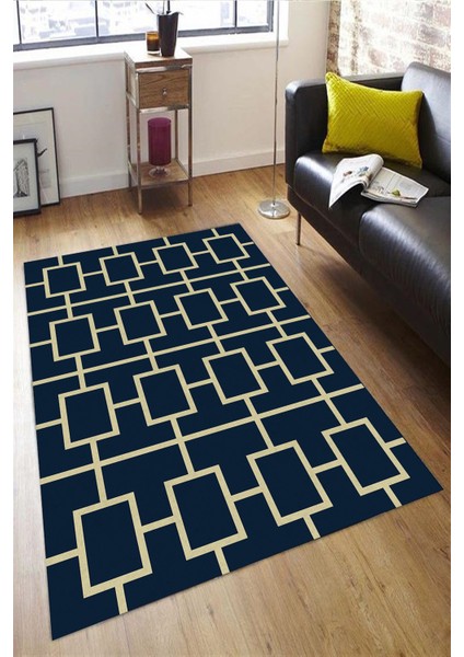 Woolly Lacivert Kutu Desenli Halı (Makinada Yıkanabilir Kaymaz Dod Taban) - Es551