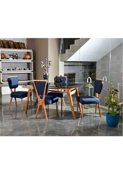 Palace Iskandinav Gürgen Ağaç El İşliği Camlı Mutfak&Salon Masa Takımı (80*160-4 Sandalyeli)