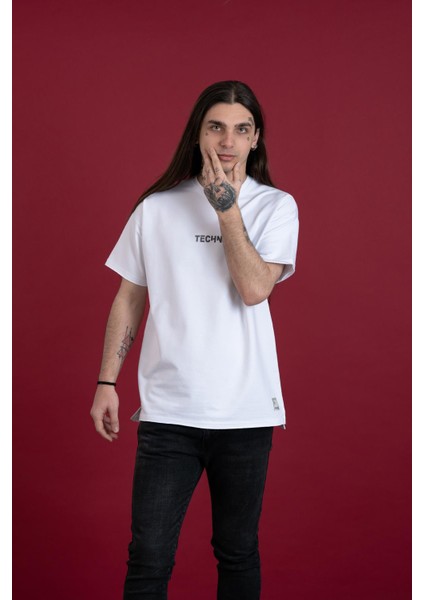 Oversize Baskılı Sıfır Yaka Erkek Penye T-Shirt