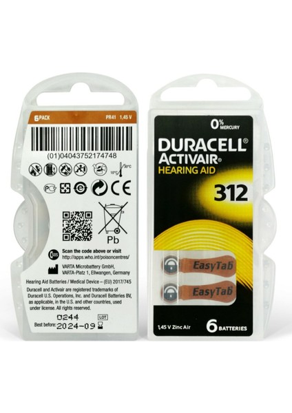 312 Numara Kulaklık Pili Işitme Cihazı Pili 6'lı Paket indirimleri