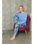 Confeo Yayık Yaka Önü Baskılı Mavi Gül Desenli Pijama Takımı