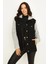Kadın Siyah Kapüşonlu Kolları Penye Oversize Denim Ceket 5