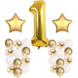 Bal10 Dünyası Gold Konsept 1 Yaş Doğum Günü Kutlama Seti; Beyaz Gold Konfetili Balon, Rakam Yıldız Folyo