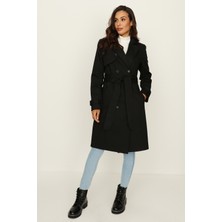 Select Moda Kadın Siyah Kemerli Önden Düğmeli Uzun Trençkot