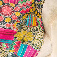 BenimOl Fuşya Sarı Renkli Geometrik Desen Dokuma Dijital Baskılı Kadife Şönil Koltuk Örtüsü Şalı 175X215CM