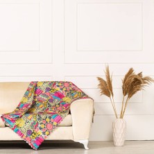 BenimOl Fuşya Sarı Renkli Geometrik Desen Dokuma Dijital Baskılı Kadife Şönil Koltuk Şalı Örtüsü Maxi Set (3+3+1+1)