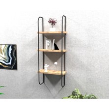 Ahşap Raflı Metal 3 Katlı Duvar Rafı
