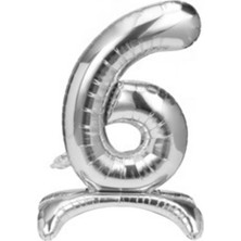 6 Yaş Gümüş Renkli Ayaklı Folyo Balon Rakam 32 Inç 80 cm