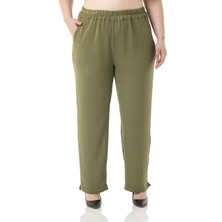 Disentis Modest Büyük Beden Beli Lastikli Cepli Paçası Yırtmaçlı Keten Aerobin Haki Pantolon