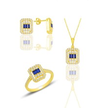 Söğütlü Silver Gümüş  Altın Yaldızlı Baget Kesim Safir Taşlı Çizgili Üçlü Set