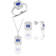 Söğütlü Silver Gümüş Beyaz Altın Rodyumlu Baget Kesim Safir Taşlı Çizgili Üçlü Set