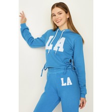 Select Moda Kadın Mavi Kapüşonlu Yandan Büzgülü Sweatshirt