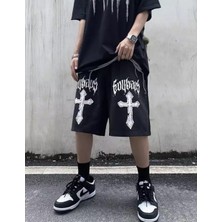 Amor Man Haç Baskılı %100 Pamuk Özel Tasarım Sokak Stili Hip Hop Erkek Bermuda Şort