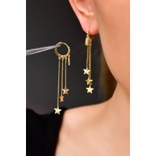 Papatya Silver 925 Ayar Gümüş Gold Kaplama Üçlü Zincir Yıldız Sarı Baget Taşlı Halka Küpe