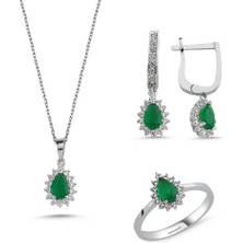 Sembol Gold Beyaz Altın Mini Set Zümrüt Damla 3lü Takım