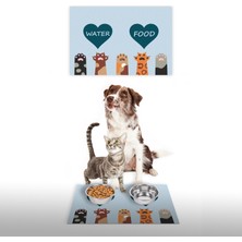 Vagonik Water Food Kedi Köpek Mavi Patili Kalp Dijital Baskılı 35X50 Dekoratif Çok Amaçlı Mama Altlığı Mama Paspası