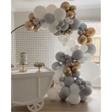 Pastel Beyaz-Gri -Krom Gold Balon 70 Adet + 5 Mt. Balon Zinciri