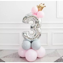 3 Yaş Gümüş Rakam ve Kral Tacı Folyo Balon Doğum Günü