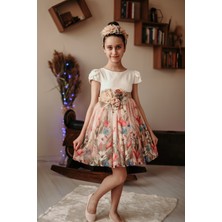 Mialora Exclusive Pudra Rengi,üst Robası Krep, Alt Eteği Baskılı, Şifon, Taç Aksesuarlı Uçuş Uçuş Elbise