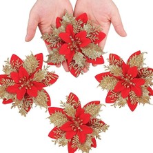 HaiTun (Kırmızı Altın) 24 Adet Noel Glitter Poinsettia Çiçekler Yapay Çiçekler, Altın (Yurt Dışından)