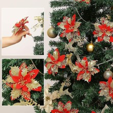 HaiTun (Kırmızı Altın) 24 Adet Noel Glitter Poinsettia Çiçekler Yapay Çiçekler, Altın (Yurt Dışından)