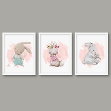 Bianne Atölyesi 3'lü Tavşan Ailesi Bebek ve Çocuk Odası Pano Seti Beyaz Çerçeve 50X70