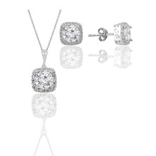 Söğütlü Silver Gümüş Beyaz Altın Rodyumlu Zirkon Taşlı Kare Ikili Set