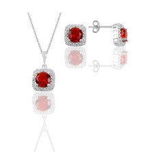 Söğütlü Silver Gümüş Beyaz Altın Rodyumlu Kırmızı Taşlı Kare Ikili Set