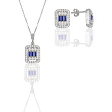 Söğütlü Silver Gümüş Beyaz Altın Rodyumlu Baget Kesim Safir Taşlı Çizgili Ikili Set