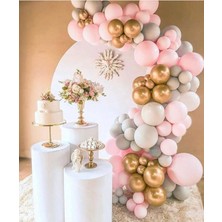 Bal10 Dünyası Pastel Pembe-Gri -Krom Gold Balon 70 Adet + 5 Mt. Balon Zinciri