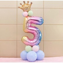 Bal10 Dünyası 5 Yaş Gökkuşağı Rakam ve Kral Tacı Folyo Balon Doğum Günü