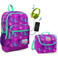 Coral High Mor Peri Baskılı Okul Çantası ve Beslenme Çantası Seti - Kız Çocuk - USB Soketli