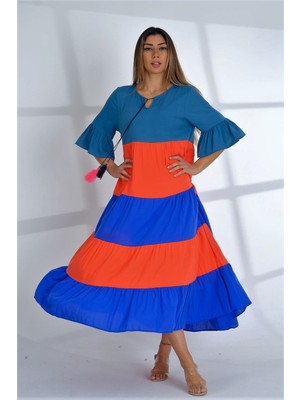 Keyifli Moda Kadın Mavi Yuvarlak Yaka Renk Bloklu Püsküllü Kolları Fırfırlı Kat Kat Uzun Elbise
