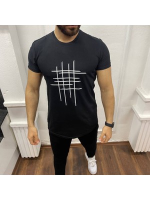 Yonez Moda Erkek Siyah Çizgi Baskili T-Shirt