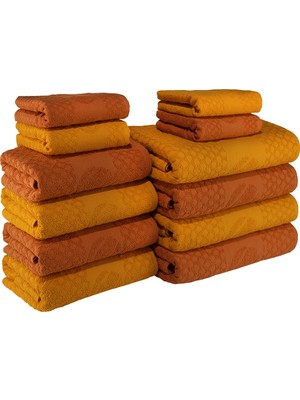 Textile Colors Raket Desenli Pamuk Banyo Havlu Seti 12 Adet, 4 Banyo Havlusu, 4 El Havlusu, ve 4 Yüz Havlusu, -Style- Açık Kırmızı, Turuncu