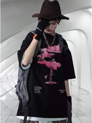 Amor Man Pembe Bulut Dijital Baskili %100 Pamuk Oversize Özel Tasarim Erkek T-Shirt