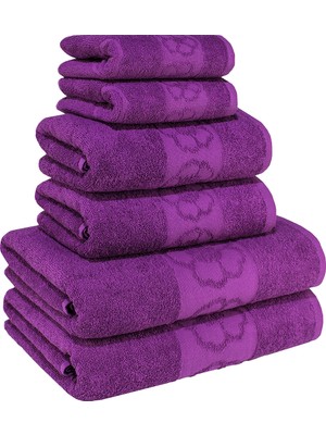 Textile Colors Menekşe Desenli  Pamuk Banyo Havlu Seti 6 Adet, 2 Banyo Havlusu, 2 El Havlusu, ve 2 Yüz Havlusu, -Comfort- Violet,