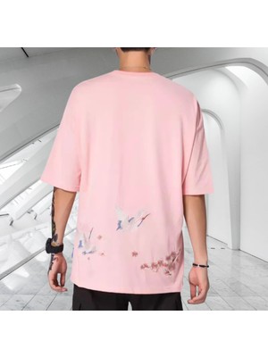 Amor Man Japon Leylek Baskili %100 Pamuk Oversize Özel Tasarim Erkek T-Shirt