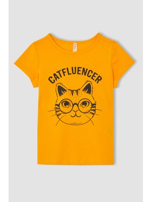 DeFacto Kız Çocuk Kedi Baskılı Kısa Kollu Tişört T2538A621SM