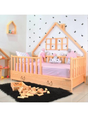 MiniWood Montessori Çocuk Yatak Çekmeceli 90X190 Karyola Yağmur