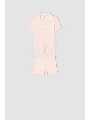 Defacto Kız Çocuk Puantiyeli Ceket Yaka Kısa Kollu Pijama Takımı U7089A621HS