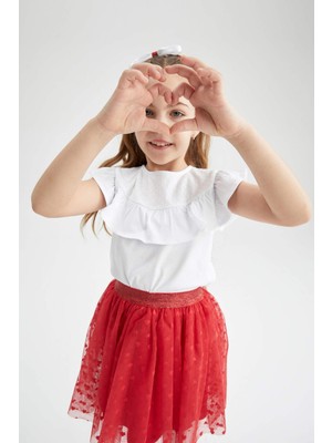 DeFacto Kız Çocuk Regular Fit 23 Nisan Fırfır Detaylı Kısa Kollu Tişört W9065A622SM