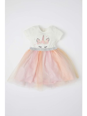 DeFacto Kız bebek Unicorn Baskılı Kısa Kollu Tül Detaylı Penye Yazlık Elbise X1838A222SP