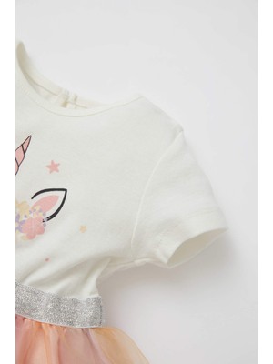 DeFacto Kız bebek Unicorn Baskılı Kısa Kollu Tül Detaylı Penye Yazlık Elbise X1838A222SP